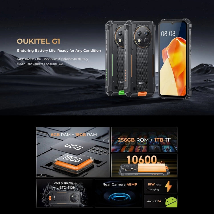 Oukitel G1 Rugged Phone, 6GB+256GB, Fingerprint Identification, 6.52 inch Android 14 T606 Octa Core, NFC, OTG, Network: 4G Oukitel G1 Rugged Phone, 6GB+256GB, Fingerprint Identification, 6.52 inch Android 14 T606 Octa Core, NFC, OTG, Network: 4G
